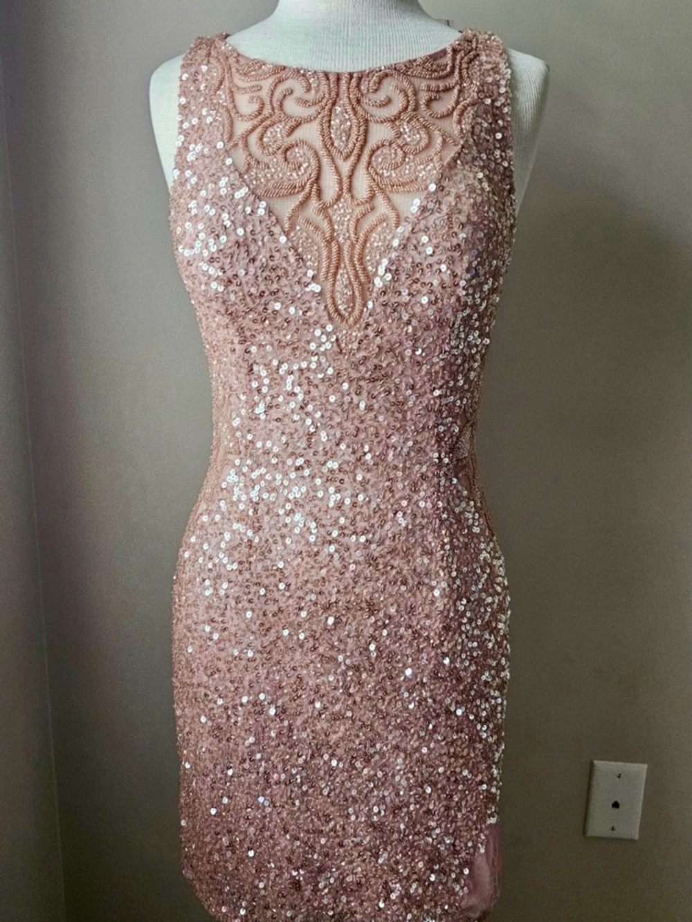 Scala Embellished Rose Gold Sequin Cocktail Dress
